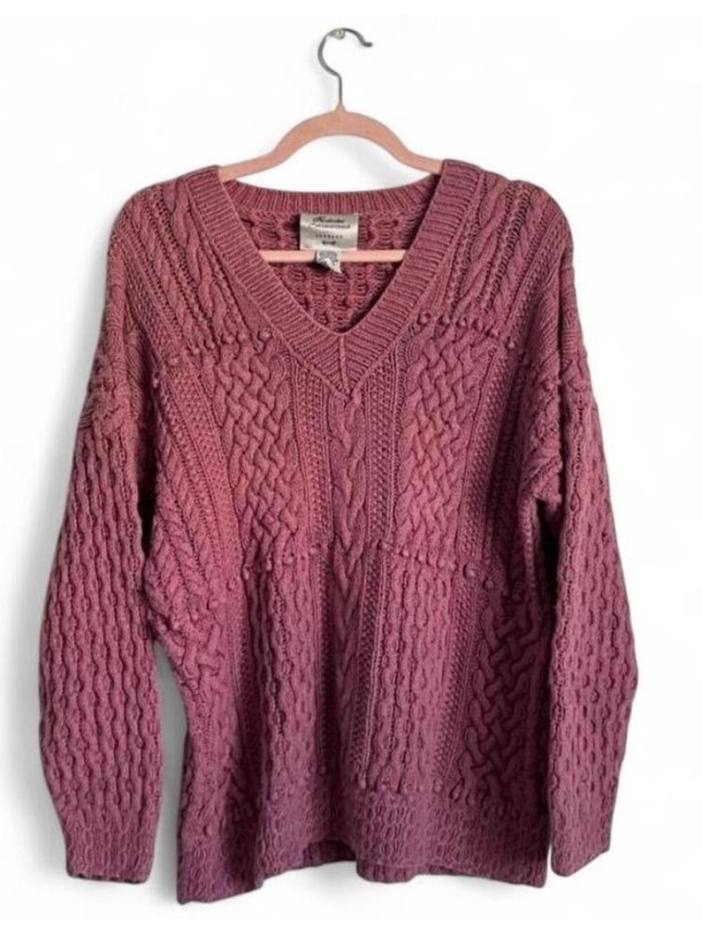 Vintage Express Cable Handknit Ramie Cotton Sweater Pink Size XS Chunky V Neck